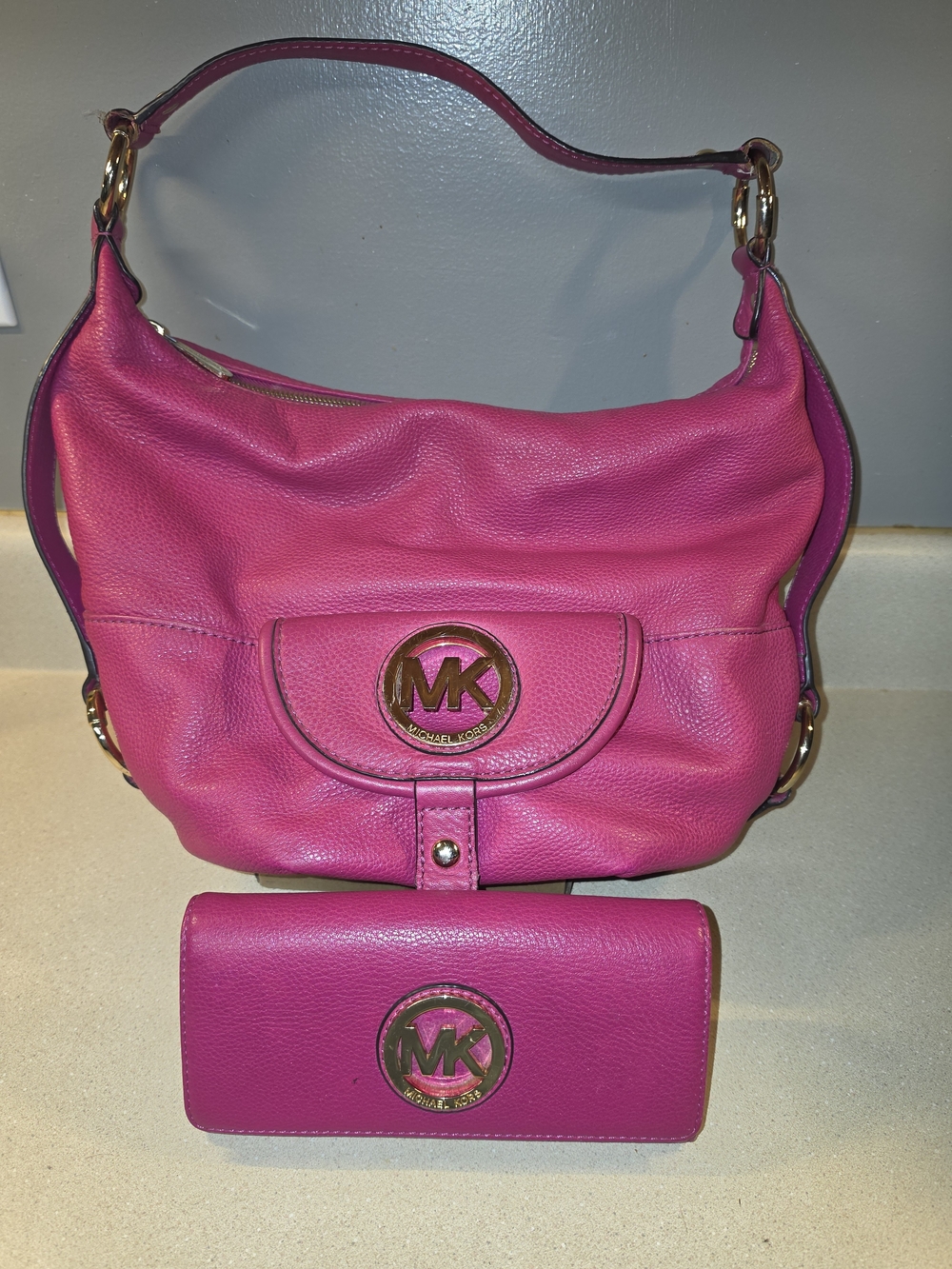 Michael Kors Hot Pink Leather Shoulder Bag with Matching Wallet